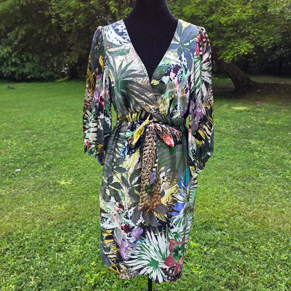 Vtg CACHE Women's 8 Silk Tropical Floral Midi Dress Kimono Sleeve Tie Waist Y2K